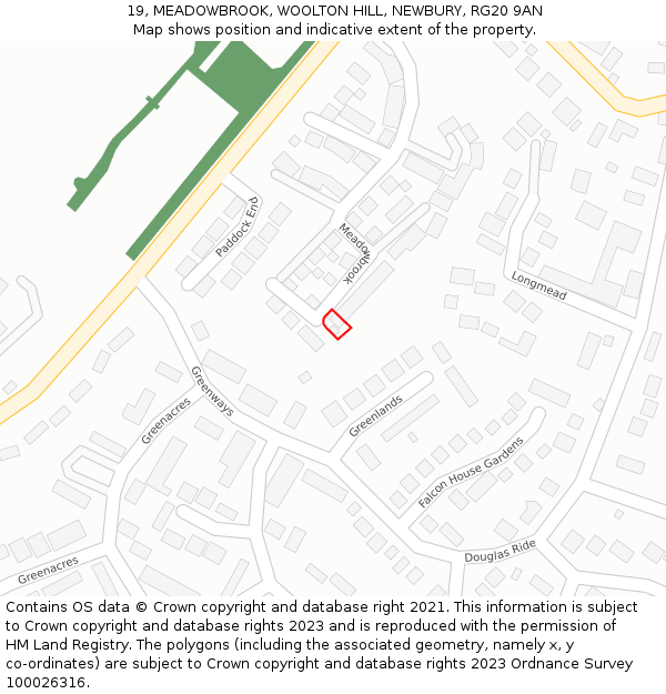 19, MEADOWBROOK, WOOLTON HILL, NEWBURY, RG20 9AN: Location map and indicative extent of plot