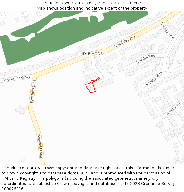 19, MEADOWCROFT CLOSE, BRADFORD, BD10 8UN: Location map and indicative extent of plot