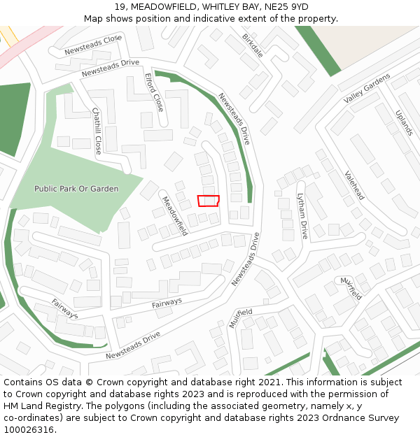 19, MEADOWFIELD, WHITLEY BAY, NE25 9YD: Location map and indicative extent of plot