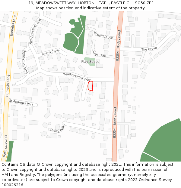 19, MEADOWSWEET WAY, HORTON HEATH, EASTLEIGH, SO50 7PF: Location map and indicative extent of plot