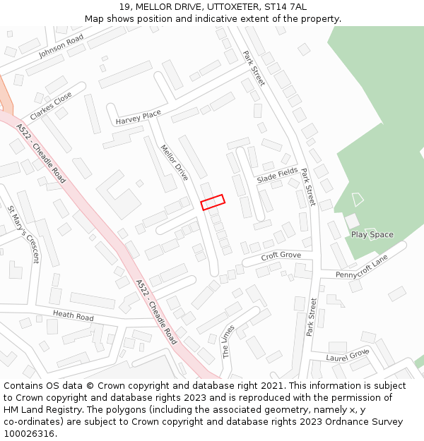 19, MELLOR DRIVE, UTTOXETER, ST14 7AL: Location map and indicative extent of plot