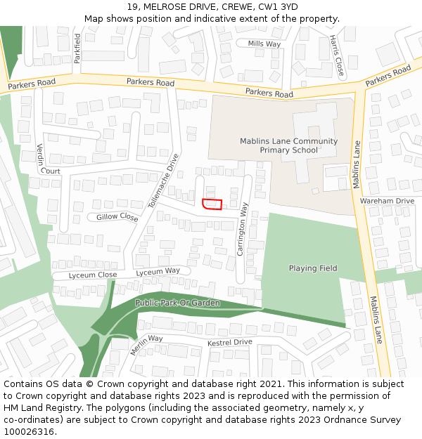 19, MELROSE DRIVE, CREWE, CW1 3YD: Location map and indicative extent of plot