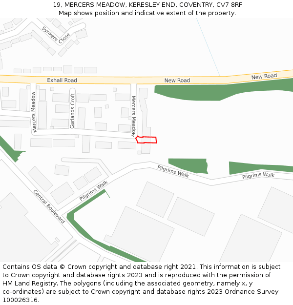 19, MERCERS MEADOW, KERESLEY END, COVENTRY, CV7 8RF: Location map and indicative extent of plot