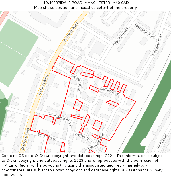 19, MERRIDALE ROAD, MANCHESTER, M40 0AD: Location map and indicative extent of plot