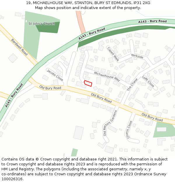 19, MICHAELHOUSE WAY, STANTON, BURY ST EDMUNDS, IP31 2XG: Location map and indicative extent of plot