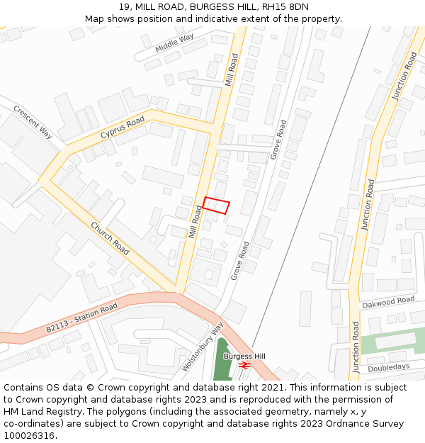 19, MILL ROAD, BURGESS HILL, RH15 8DN: Location map and indicative extent of plot