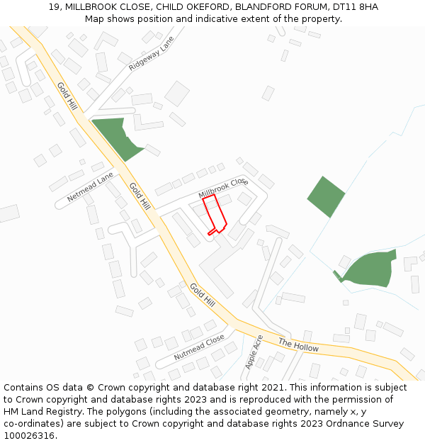 19, MILLBROOK CLOSE, CHILD OKEFORD, BLANDFORD FORUM, DT11 8HA: Location map and indicative extent of plot