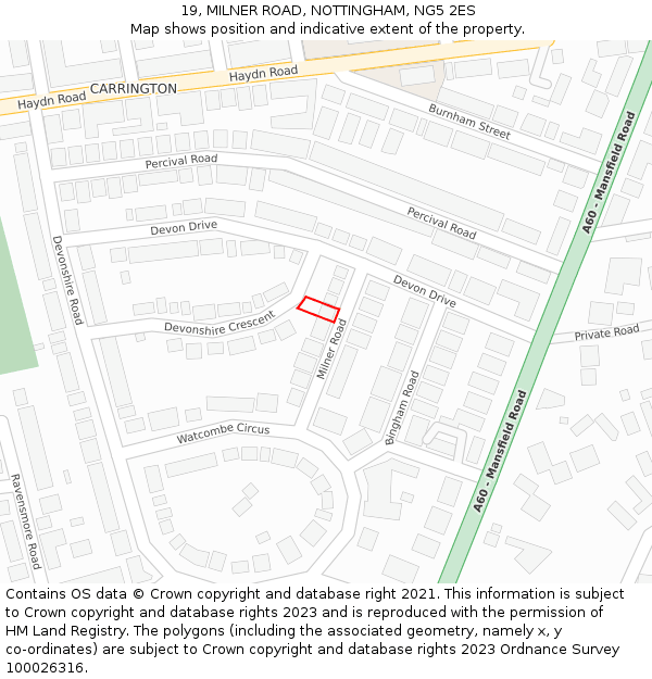 19, MILNER ROAD, NOTTINGHAM, NG5 2ES: Location map and indicative extent of plot