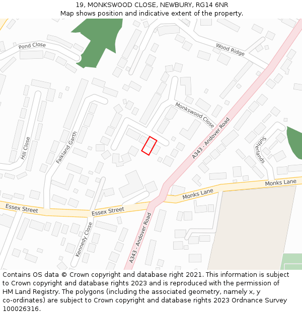 19, MONKSWOOD CLOSE, NEWBURY, RG14 6NR: Location map and indicative extent of plot