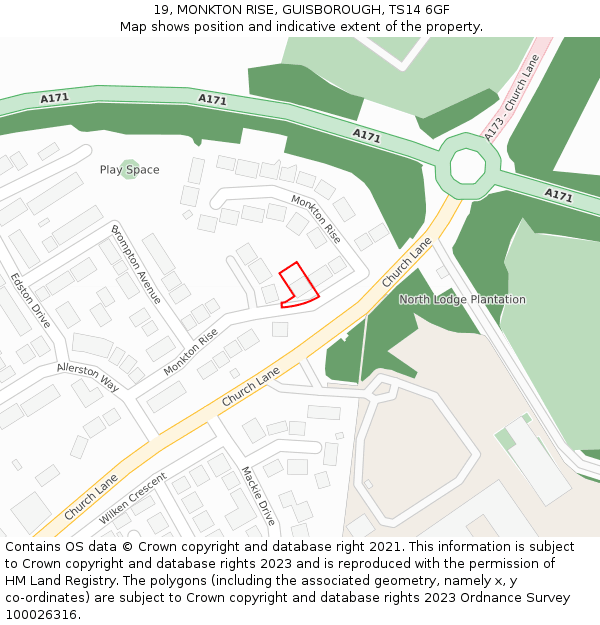 19, MONKTON RISE, GUISBOROUGH, TS14 6GF: Location map and indicative extent of plot