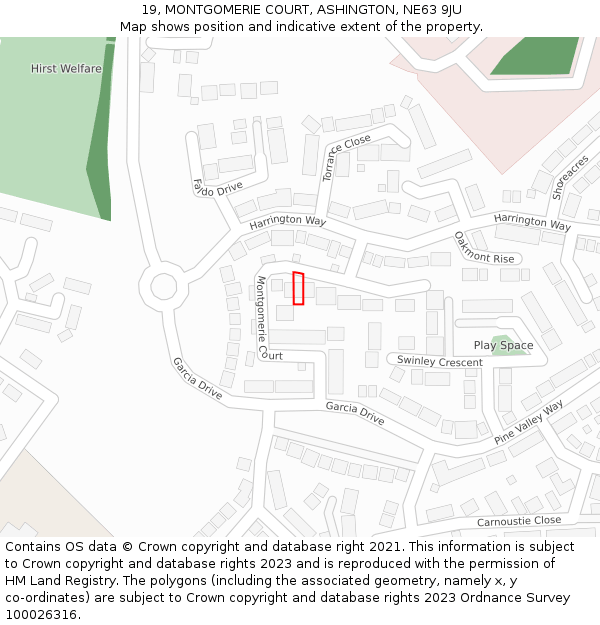 19, MONTGOMERIE COURT, ASHINGTON, NE63 9JU: Location map and indicative extent of plot