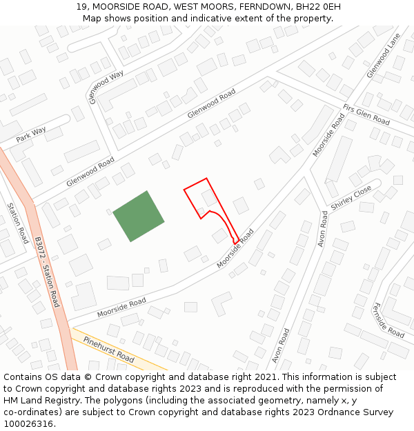 19, MOORSIDE ROAD, WEST MOORS, FERNDOWN, BH22 0EH: Location map and indicative extent of plot