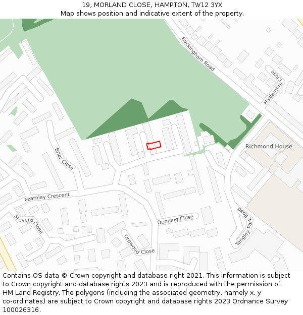 19, MORLAND CLOSE, HAMPTON, TW12 3YX: Location map and indicative extent of plot