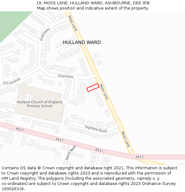 19, MOSS LANE, HULLAND WARD, ASHBOURNE, DE6 3FB: Location map and indicative extent of plot