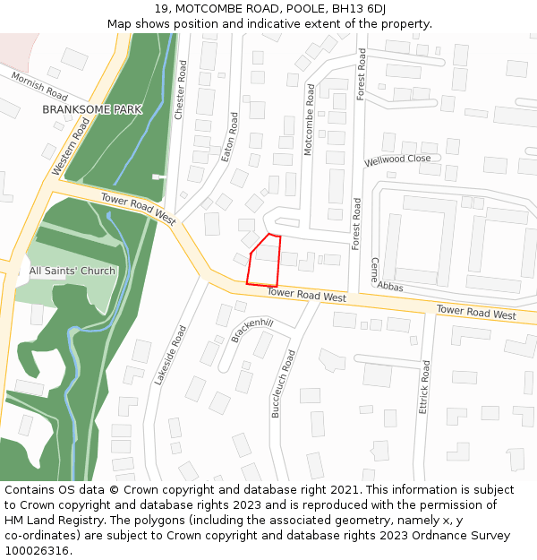 19, MOTCOMBE ROAD, POOLE, BH13 6DJ: Location map and indicative extent of plot