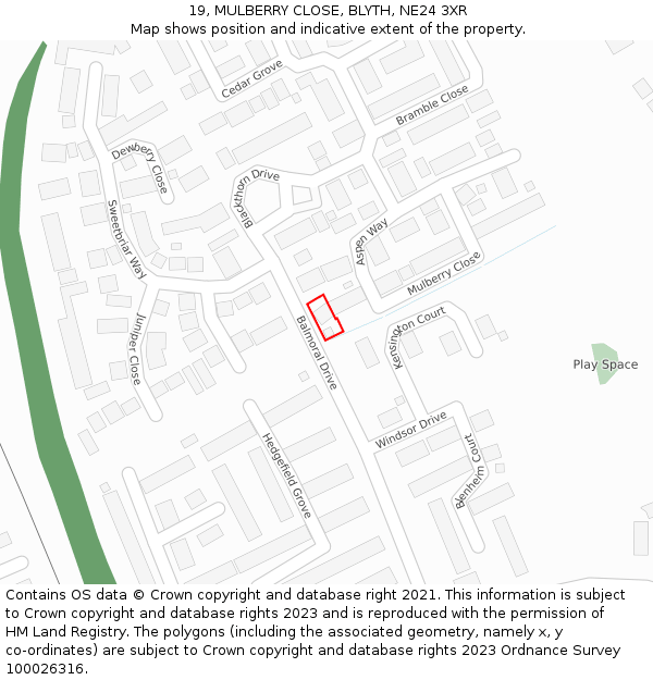 19, MULBERRY CLOSE, BLYTH, NE24 3XR: Location map and indicative extent of plot