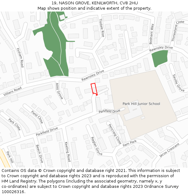 19, NASON GROVE, KENILWORTH, CV8 2HU: Location map and indicative extent of plot