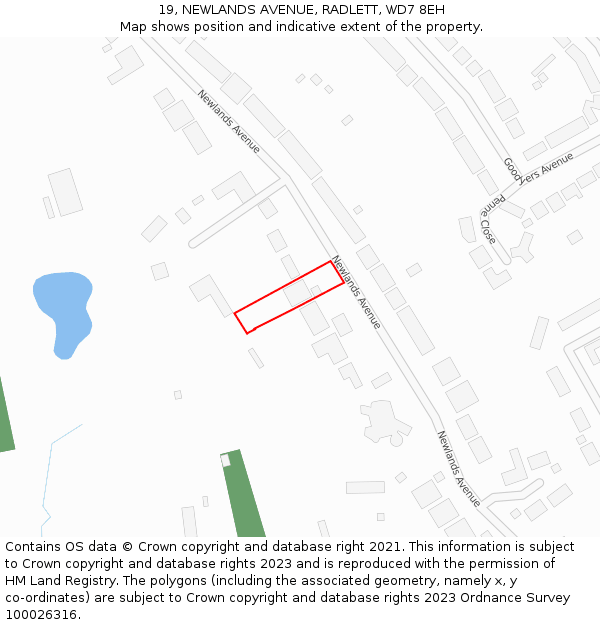 19, NEWLANDS AVENUE, RADLETT, WD7 8EH: Location map and indicative extent of plot