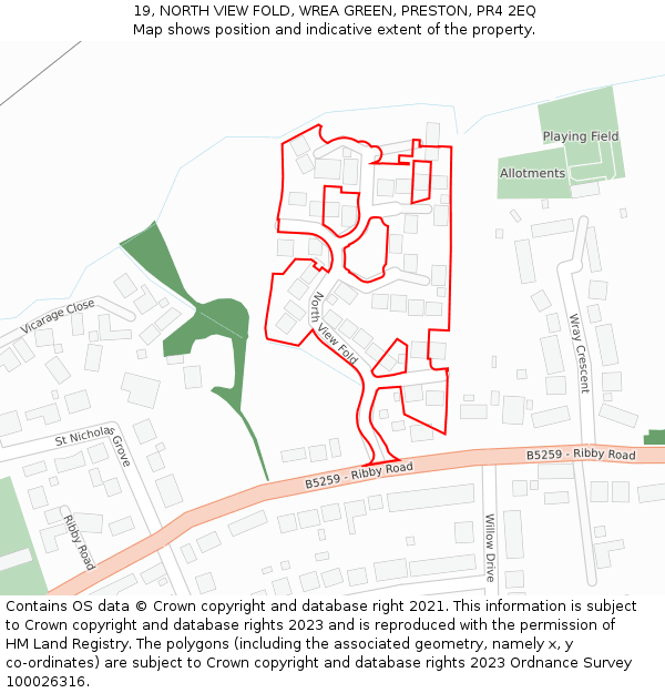 19, NORTH VIEW FOLD, WREA GREEN, PRESTON, PR4 2EQ: Location map and indicative extent of plot