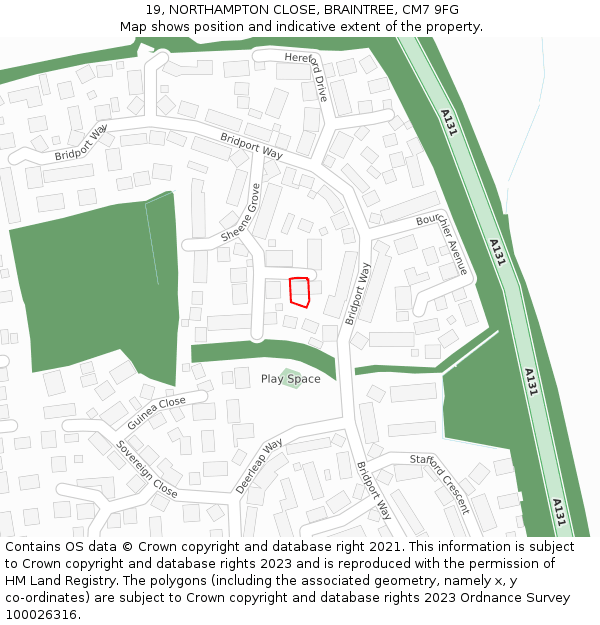 19, NORTHAMPTON CLOSE, BRAINTREE, CM7 9FG: Location map and indicative extent of plot