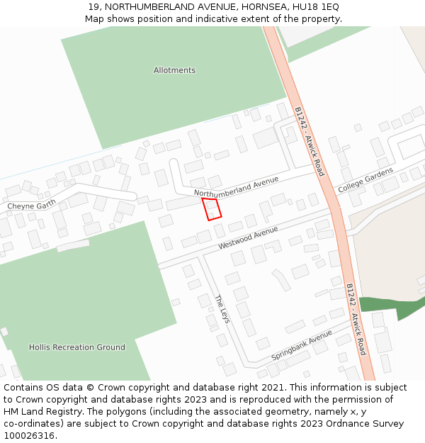 19, NORTHUMBERLAND AVENUE, HORNSEA, HU18 1EQ: Location map and indicative extent of plot