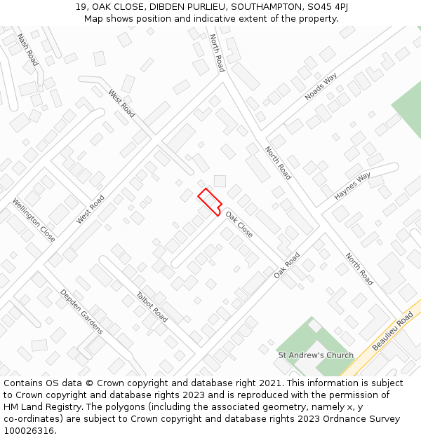 19, OAK CLOSE, DIBDEN PURLIEU, SOUTHAMPTON, SO45 4PJ: Location map and indicative extent of plot