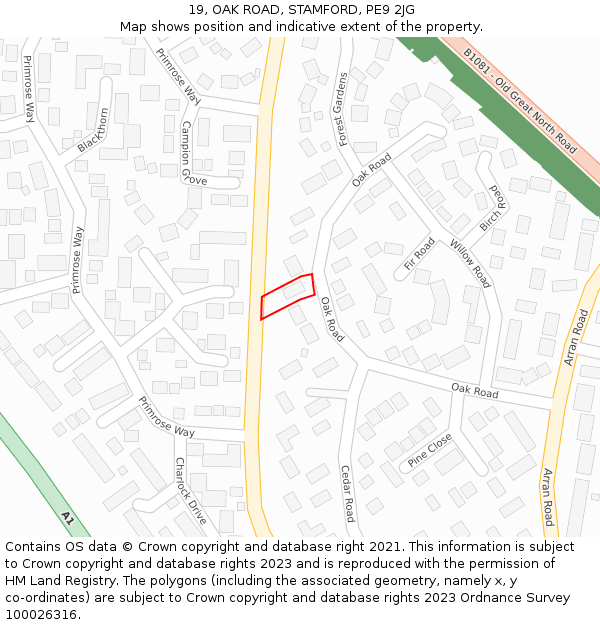 19, OAK ROAD, STAMFORD, PE9 2JG: Location map and indicative extent of plot