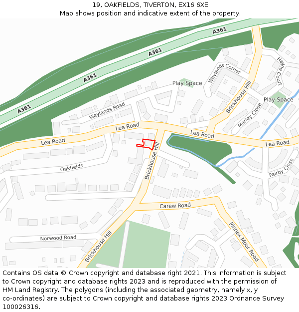 19, OAKFIELDS, TIVERTON, EX16 6XE: Location map and indicative extent of plot