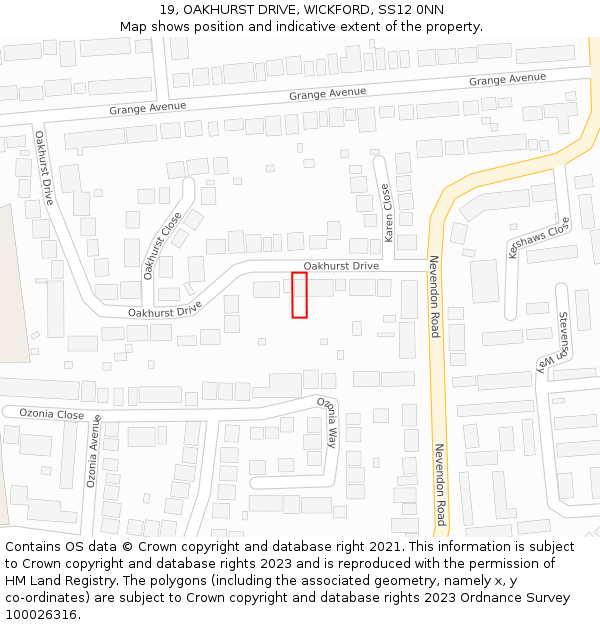 19, OAKHURST DRIVE, WICKFORD, SS12 0NN: Location map and indicative extent of plot