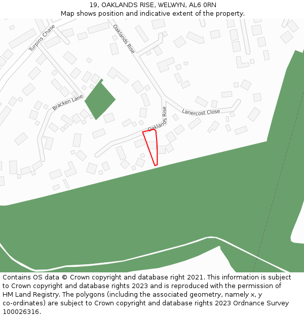 19, OAKLANDS RISE, WELWYN, AL6 0RN: Location map and indicative extent of plot