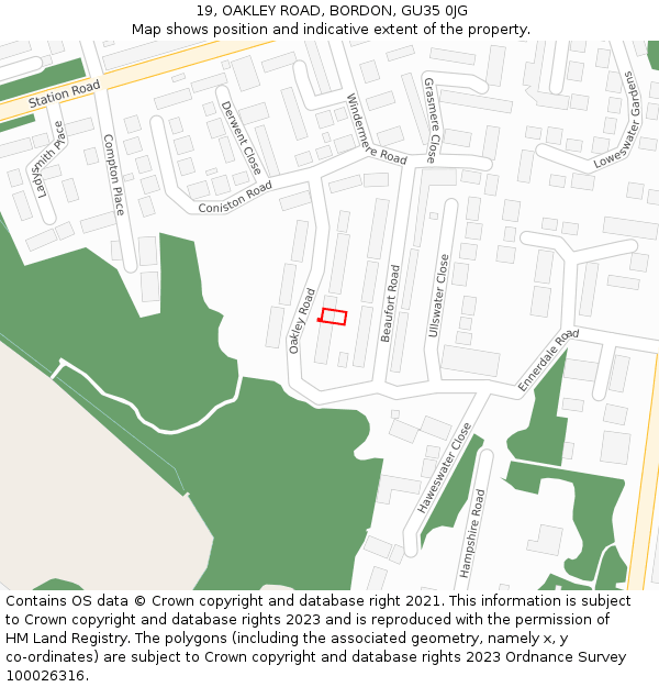 19, OAKLEY ROAD, BORDON, GU35 0JG: Location map and indicative extent of plot