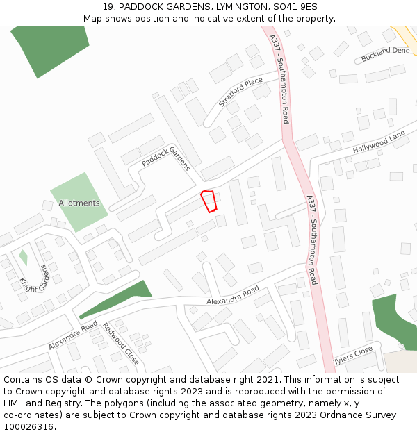 19, PADDOCK GARDENS, LYMINGTON, SO41 9ES: Location map and indicative extent of plot