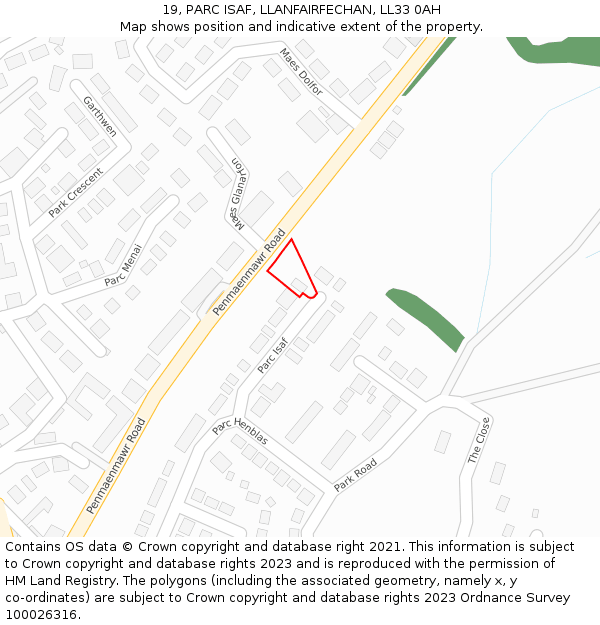 19, PARC ISAF, LLANFAIRFECHAN, LL33 0AH: Location map and indicative extent of plot