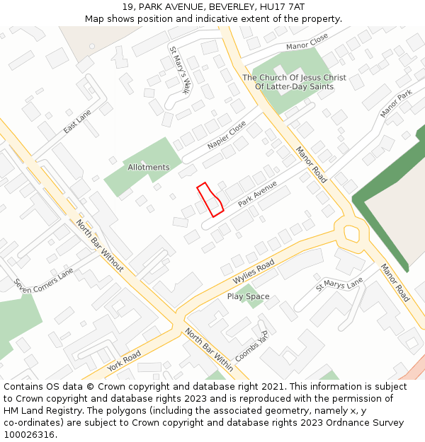 19, PARK AVENUE, BEVERLEY, HU17 7AT: Location map and indicative extent of plot