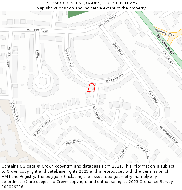 19, PARK CRESCENT, OADBY, LEICESTER, LE2 5YJ: Location map and indicative extent of plot