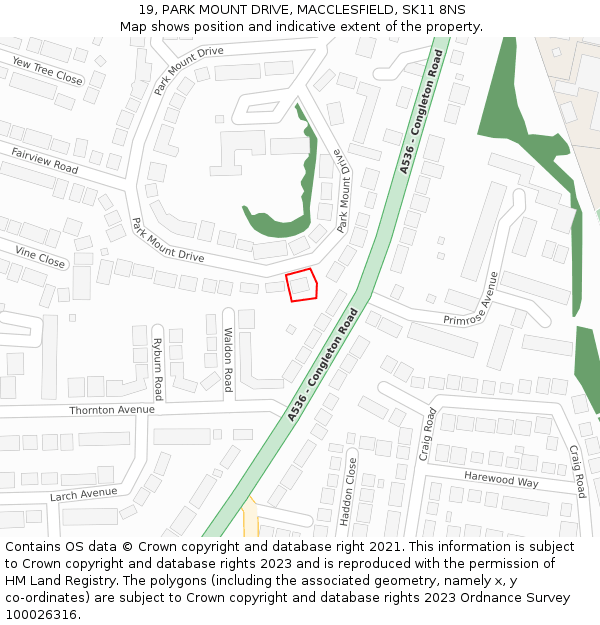 19, PARK MOUNT DRIVE, MACCLESFIELD, SK11 8NS: Location map and indicative extent of plot