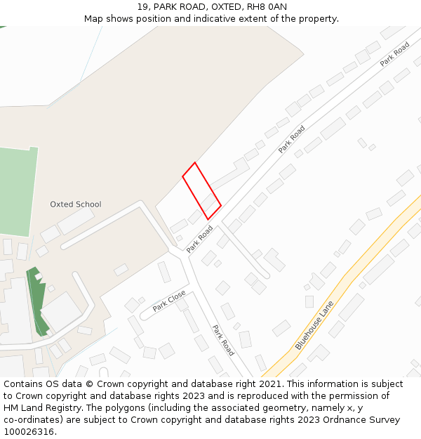 19, PARK ROAD, OXTED, RH8 0AN: Location map and indicative extent of plot