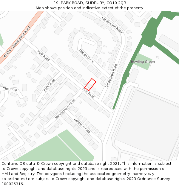 19, PARK ROAD, SUDBURY, CO10 2QB: Location map and indicative extent of plot