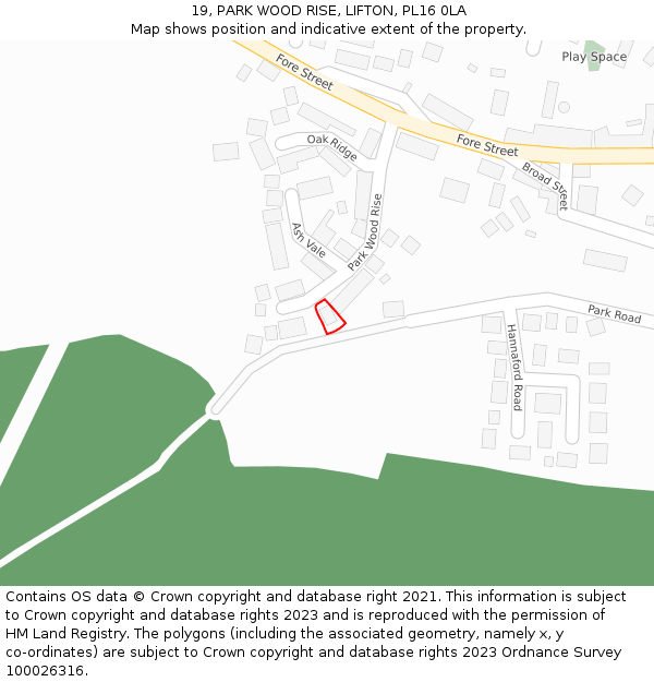 19, PARK WOOD RISE, LIFTON, PL16 0LA: Location map and indicative extent of plot