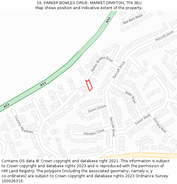 19, PARKER BOWLES DRIVE, MARKET DRAYTON, TF9 3EU: Location map and indicative extent of plot