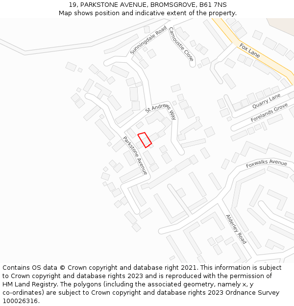 19, PARKSTONE AVENUE, BROMSGROVE, B61 7NS: Location map and indicative extent of plot