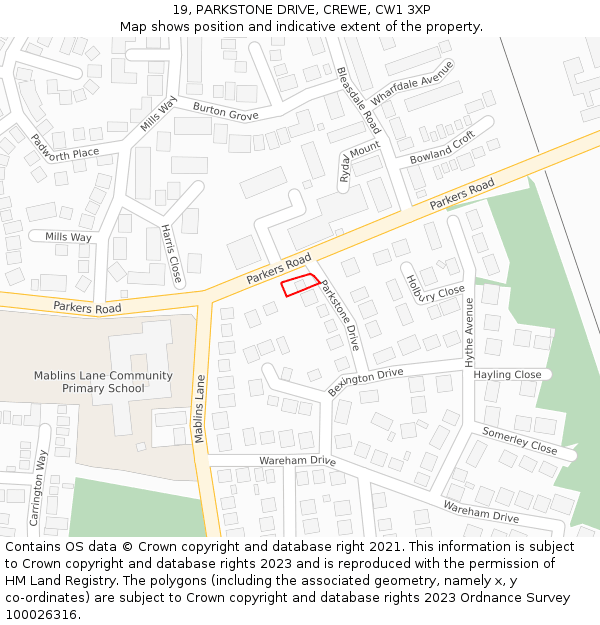 19, PARKSTONE DRIVE, CREWE, CW1 3XP: Location map and indicative extent of plot