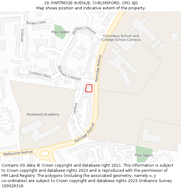 19, PARTRIDGE AVENUE, CHELMSFORD, CM1 4JG: Location map and indicative extent of plot