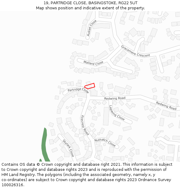 19, PARTRIDGE CLOSE, BASINGSTOKE, RG22 5UT: Location map and indicative extent of plot