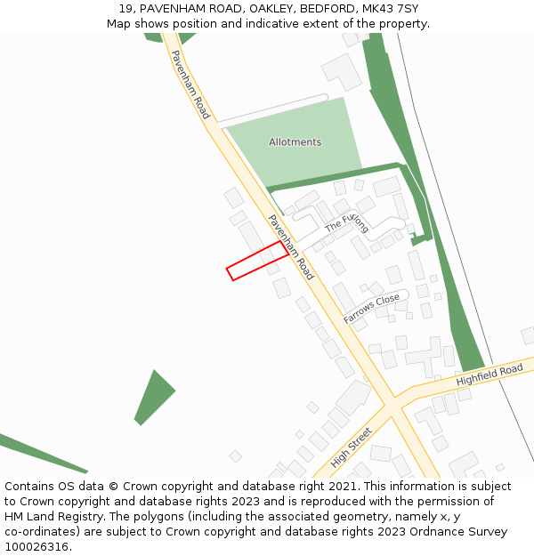 19, PAVENHAM ROAD, OAKLEY, BEDFORD, MK43 7SY: Location map and indicative extent of plot