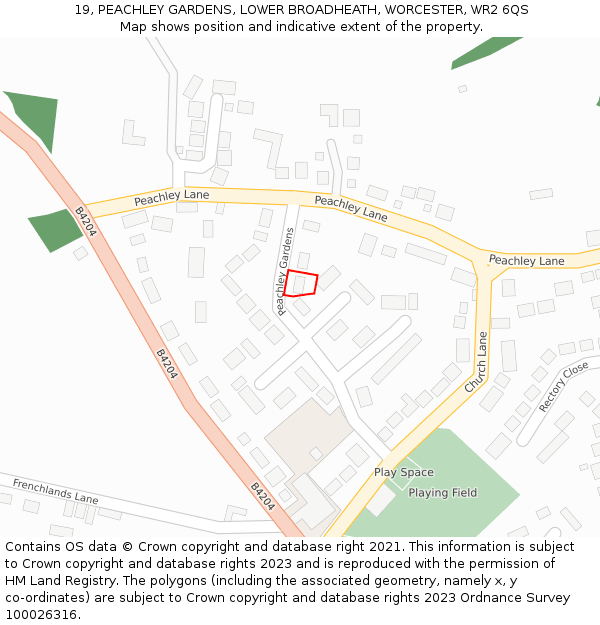 19, PEACHLEY GARDENS, LOWER BROADHEATH, WORCESTER, WR2 6QS: Location map and indicative extent of plot