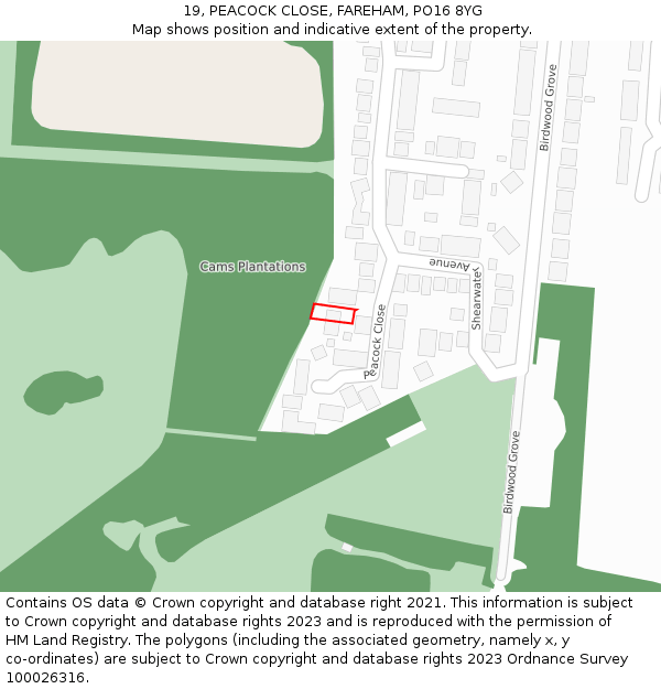 19, PEACOCK CLOSE, FAREHAM, PO16 8YG: Location map and indicative extent of plot