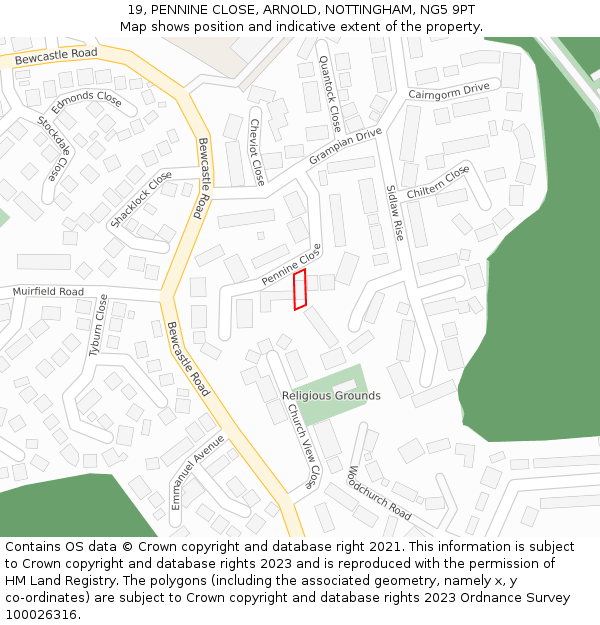 19, PENNINE CLOSE, ARNOLD, NOTTINGHAM, NG5 9PT: Location map and indicative extent of plot