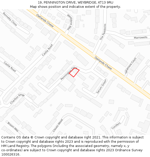 19, PENNINGTON DRIVE, WEYBRIDGE, KT13 9RU: Location map and indicative extent of plot