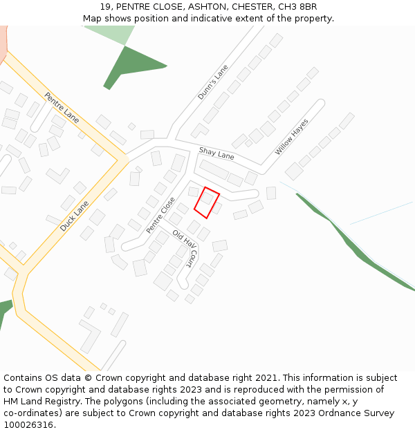 19, PENTRE CLOSE, ASHTON, CHESTER, CH3 8BR: Location map and indicative extent of plot